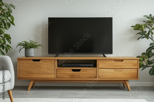 A modern living room setup featuring a TV on a wooden console with plants nearby.