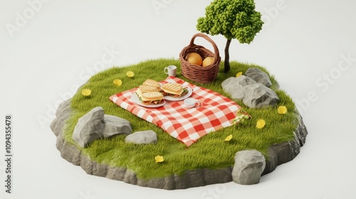 A picnic setup featuring a checkered blanket, sandwiches, a basket, and a tree. photo