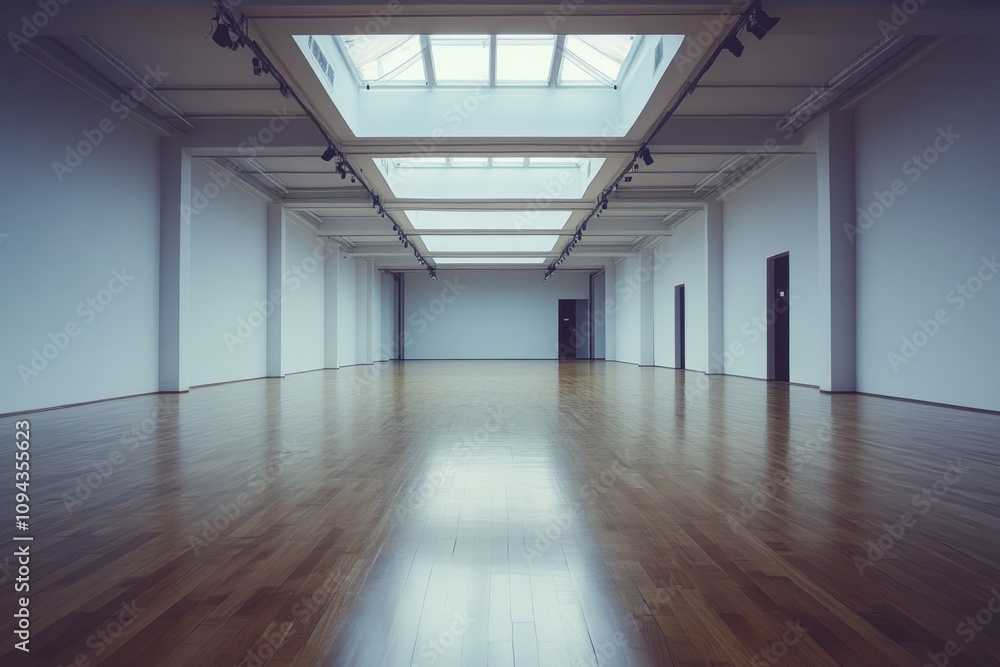 A spacious, well-lit gallery with wooden flooring and minimalist design. A spacious, well-lit gallery with wooden flooring and minimalist design.