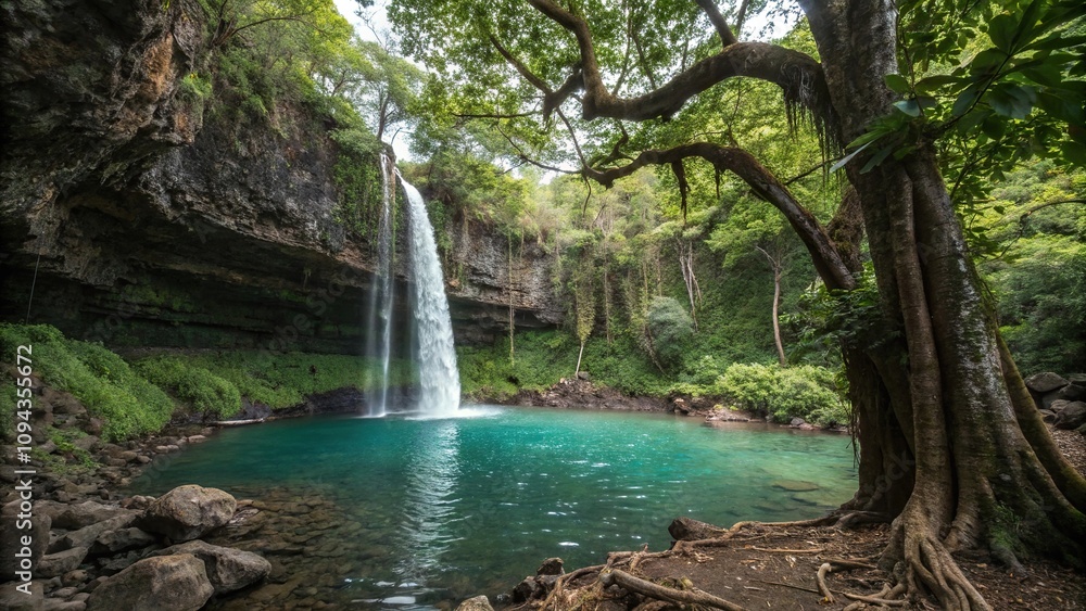 A waterfall plunges into a crystal-clear pool amidst ancient trees and exotic plants creating a sense of serenity, peaceful atmosphere, serene scene, greenery A waterfall plunges into a crystal-clear pool amidst ancient trees and exotic plants creating a sense of serenity, peaceful atmosphere, serene scene, greenery