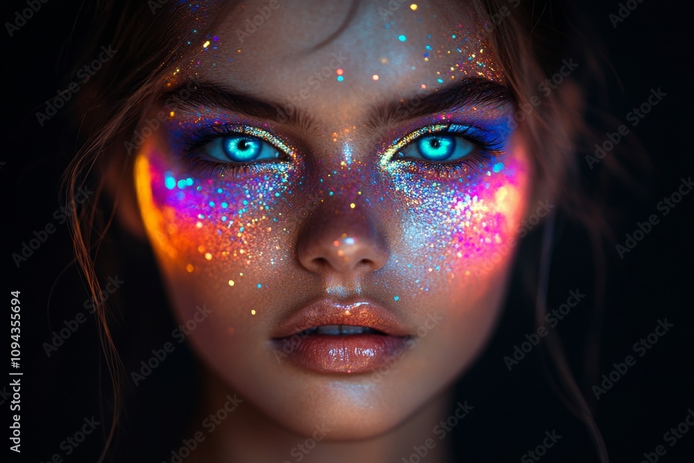 A woman with colorful face paint and glitter on her face A woman with colorful face paint and glitter on her face