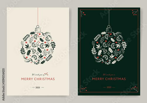 Set of Christmas Corporate Holiday cards with floral berry ornate frames. Universal artistic template, vector illustration