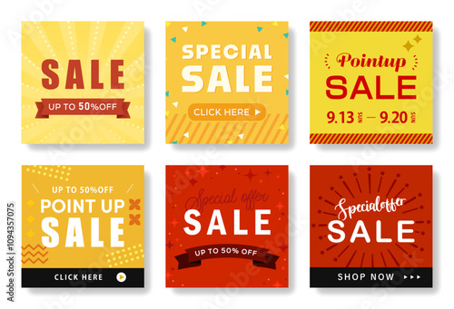 ポップなセールバナー セット ( ベクター 正方形 販売促進 webショップ カード 背景素材 買物 )