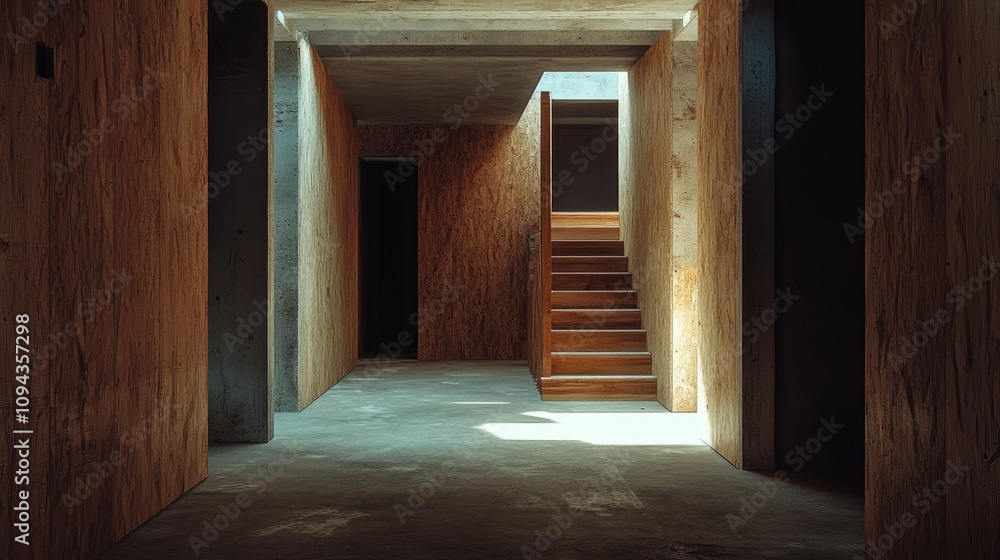 Fototapeta premium A modern interior space with wooden walls and a staircase, emphasizing minimalist design.