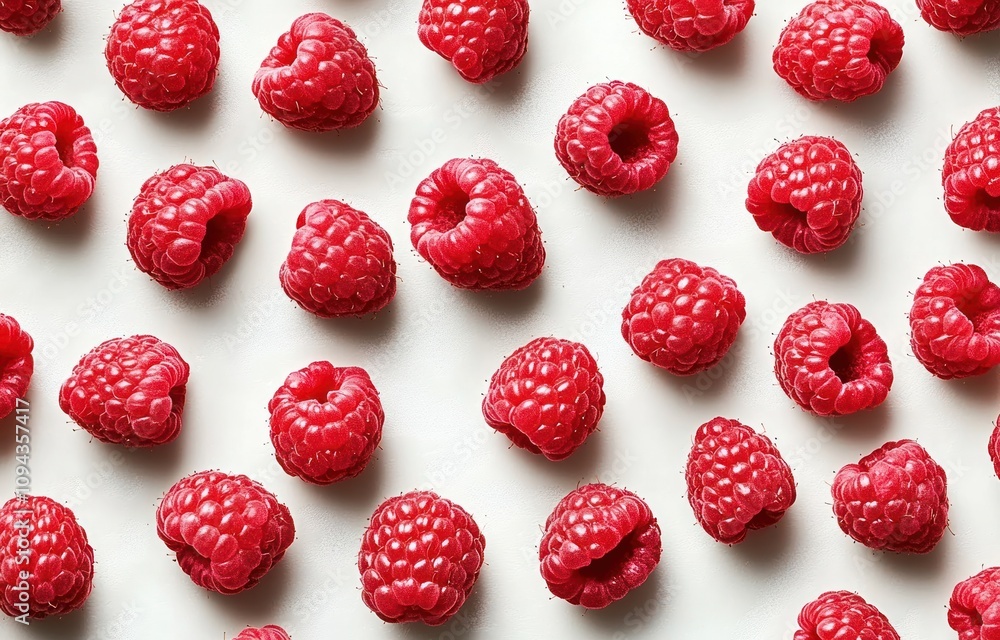 A vibrant arrangement of fresh raspberries on a light background. A vibrant arrangement of fresh raspberries on a light background.