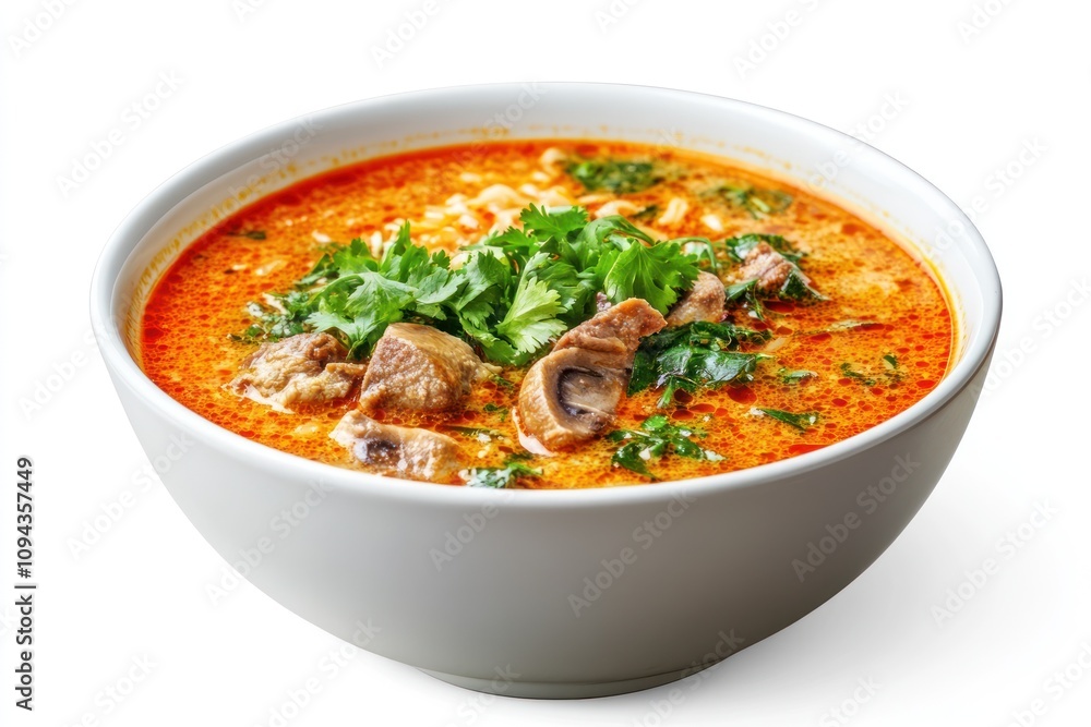 A bowl of spicy soup garnished with herbs and mushrooms, showcasing a vibrant culinary dish. A bowl of spicy soup garnished with herbs and mushrooms, showcasing a vibrant culinary dish.