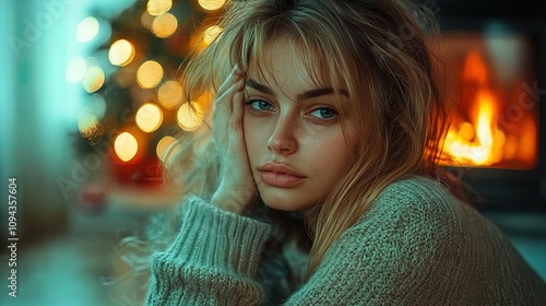 Wallpaper Mural Cozy Winter Vibes: Intimate Portrait of a Woman in a Chunky Sweater by the Fireplace, Perfect as a Festive Poster for Holiday Decor and Warm Winter Interiors Torontodigital.ca