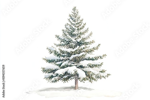 Snow-covered pine tree in watercolor style.