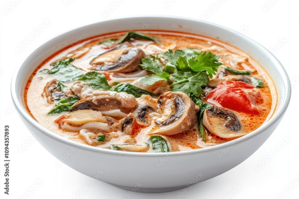 A bowl of creamy soup with mushrooms, spinach, and tomatoes, garnished with cilantro. A bowl of creamy soup with mushrooms, spinach, and tomatoes, garnished with cilantro.
