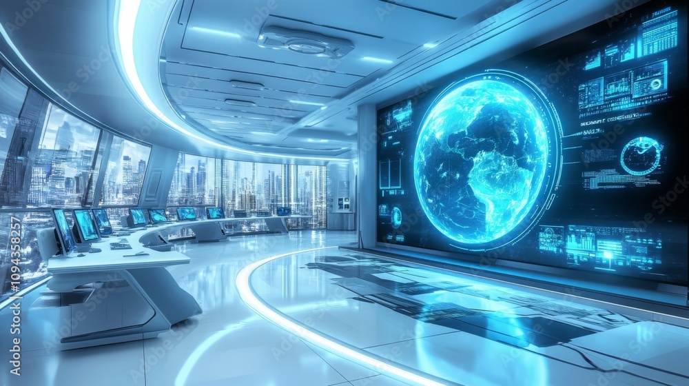 Advanced futuristic office with holographic displays and modern design elements for innovative work environment. Advanced futuristic office with holographic displays and modern design elements for innovative work environment.