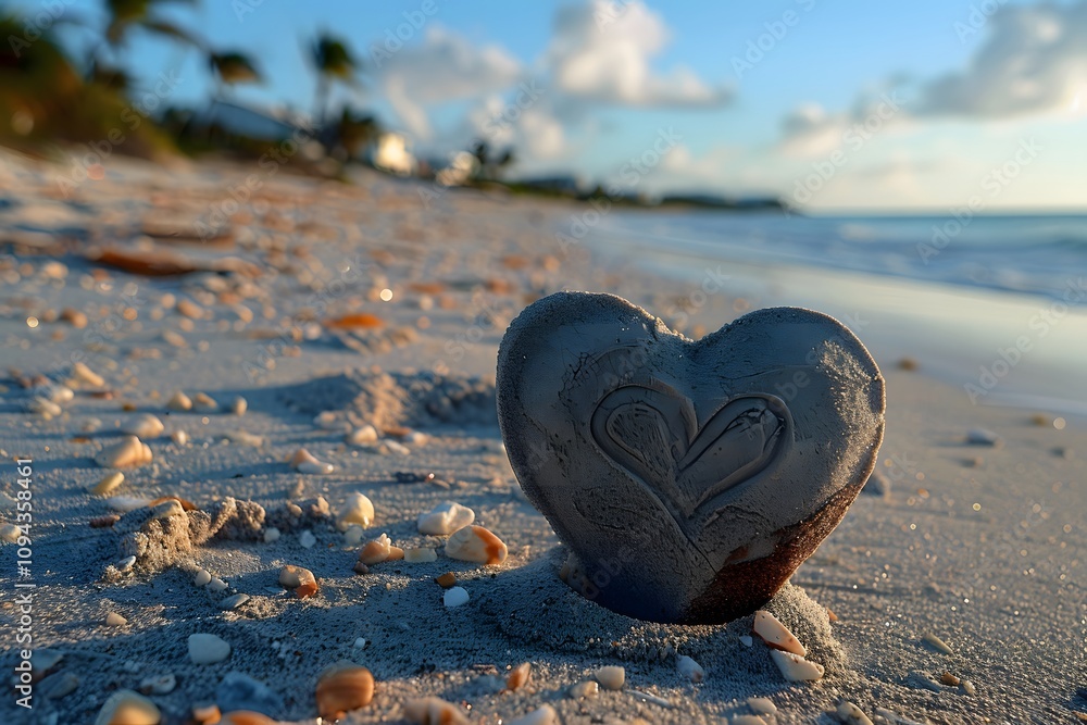 Fototapeta premium Heart-Shaped Sand Sculpture on Tropical Beach at Sunset for Summer Romance and Travel