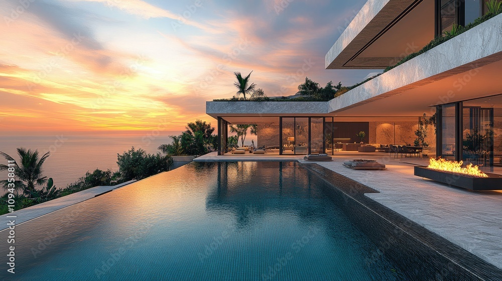Modern villa with infinity pool overlooking a sunset ocean view. Modern villa with infinity pool overlooking a sunset ocean view.