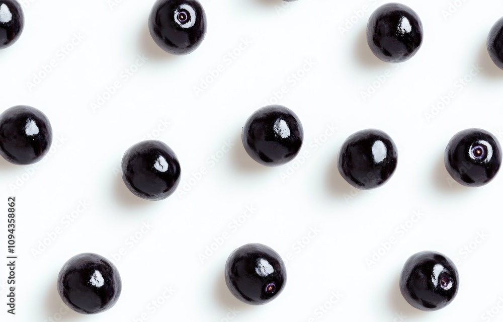 A flat lay of glossy black berries arranged in a neat pattern on a light background. A flat lay of glossy black berries arranged in a neat pattern on a light background.