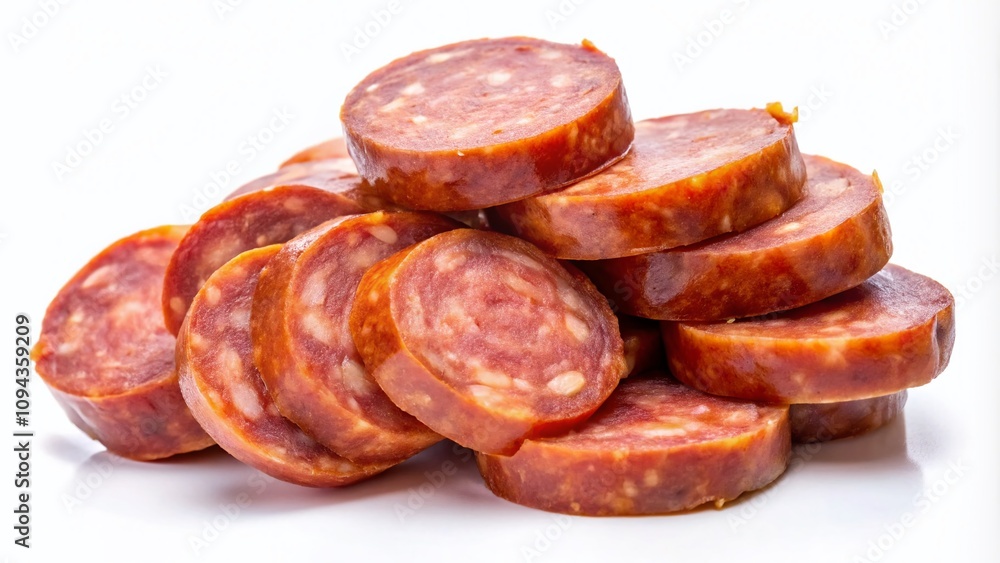 Tiny sausage slices, a close-up feast for the eyes and taste buds. Tiny sausage slices, a close-up feast for the eyes and taste buds.