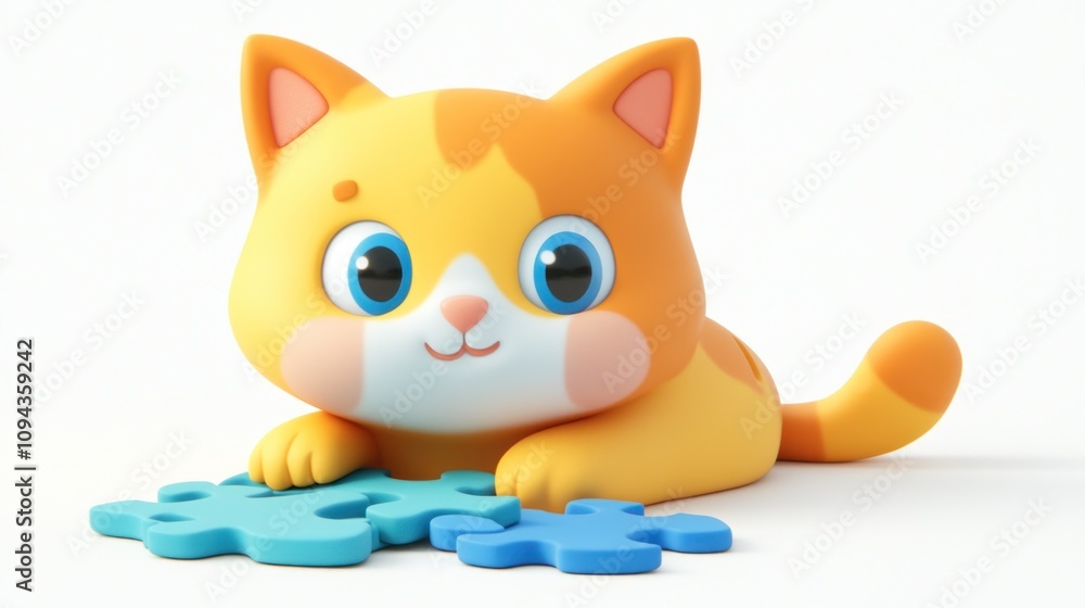 A cute orange cat character playing with blue puzzle pieces. A cute orange cat character playing with blue puzzle pieces.
