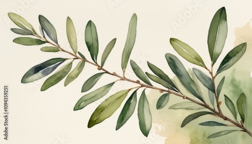 Watercolor illustration of  a serene olive branch, symbolizing peace and unity, celebrating World Peace Day through its gentle hues and natural beauty