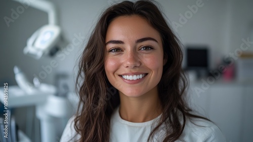 Happy young woman smiling in dental clinic.