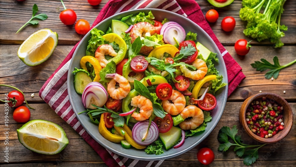 Vibrant salad featuring succulent shrimp, creamy avocado, and a medley of fresh vegetables, artfully arranged on a Vibrant salad featuring succulent shrimp, creamy avocado, and a medley of fresh vegetables, artfully arranged on a