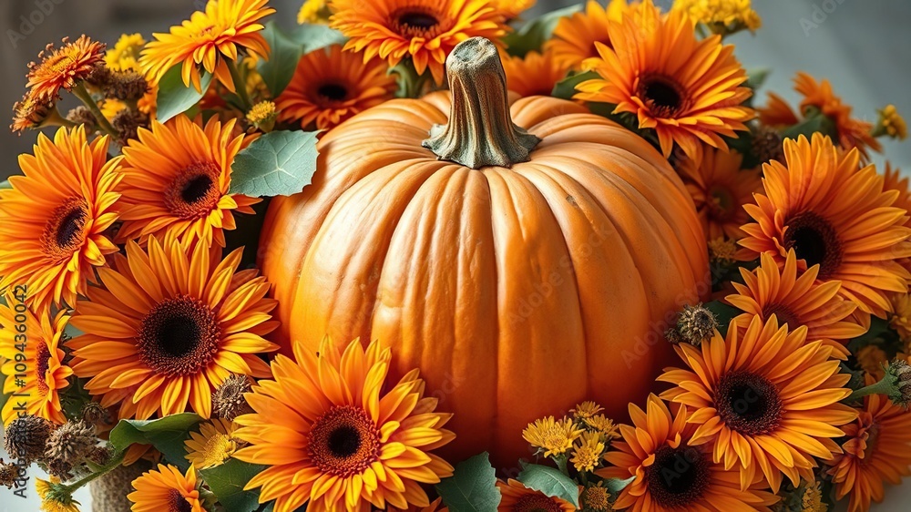 Autumnal arrangement featuring a large pumpkin as the focal point with a mix of orange and yellow flowers surrounding it including sunflowers and daisies, rustic decor, daisies, home decor Autumnal arrangement featuring a large pumpkin as the focal point with a mix of orange and yellow flowers surrounding it including sunflowers and daisies, rustic decor, daisies, home decor