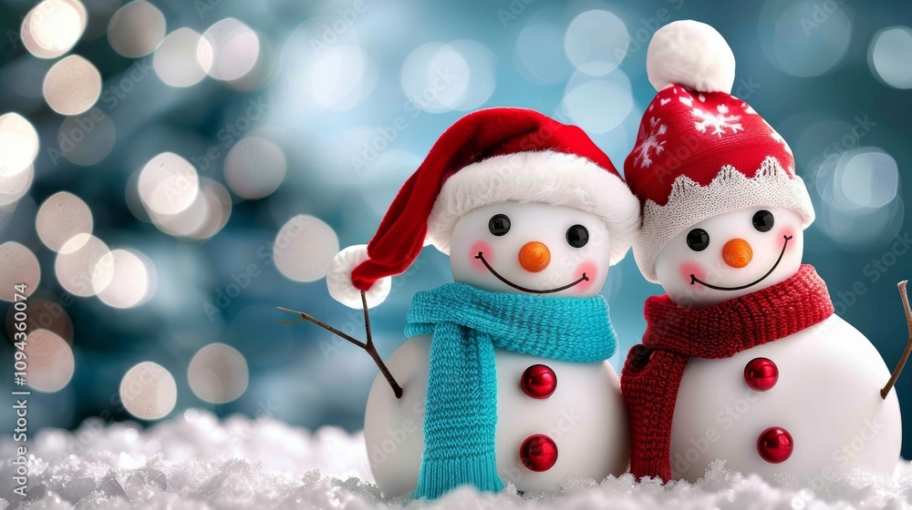Cheerful snowmen dressed in festive winter red hats and scarves against a sparkling holiday background Cheerful snowmen dressed in festive winter red hats and scarves against a sparkling holiday background