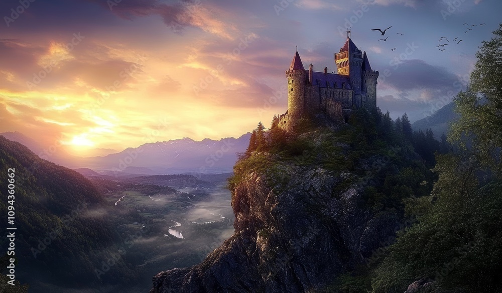 Medieval Castle on Rocky Cliff at Sunset with Lush Forest and Mountains Medieval Castle on Rocky Cliff at Sunset with Lush Forest and Mountains
