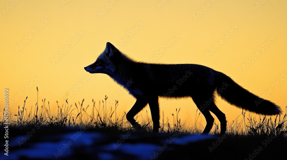 A silhouette of a fox walking against a colorful sunset backdrop. A silhouette of a fox walking against a colorful sunset backdrop.
