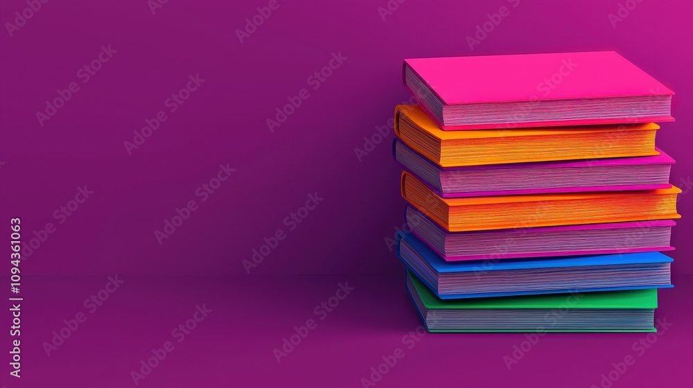 Colorful stacked books on a purple background educational content creative environment artistic viewpoint vibrant concept Colorful stacked books on a purple background educational content creative environment artistic viewpoint vibrant concept