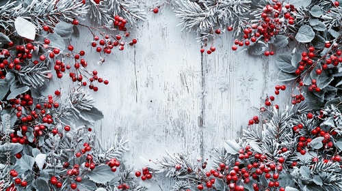 A snowy woodlandthemed flatlay with a whitewashed wooden background, red berries, and frosted evergreen branches photo