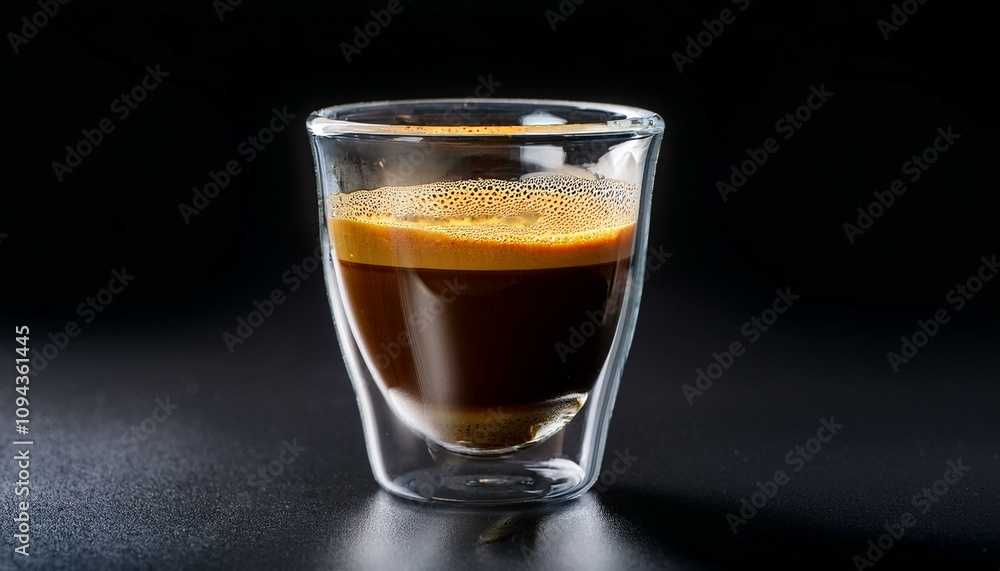 Espresso with fresh foam in the glass, black background; close-up Espresso with fresh foam in the glass, black background; close-up