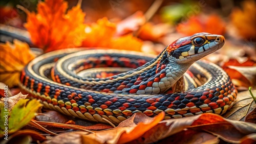 Xenopeltis snake skin, a master of forest camouflage, close-up. photo