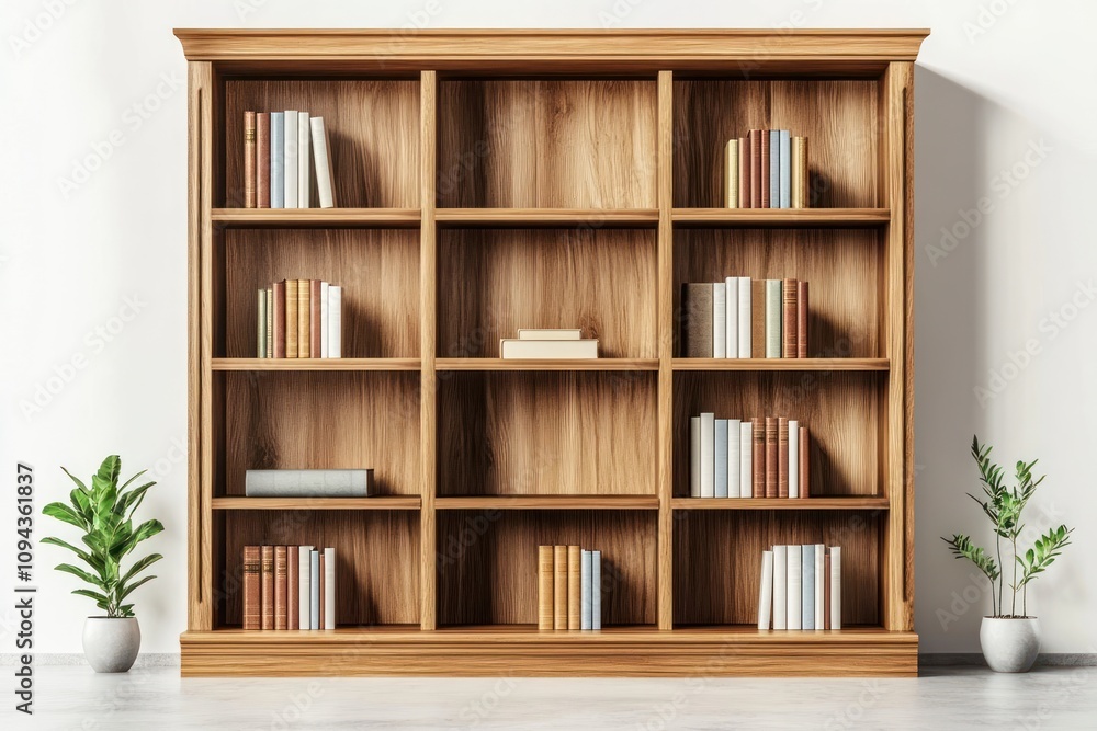 A wooden bookshelf with neatly arranged books and potted plants on either side. A wooden bookshelf with neatly arranged books and potted plants on either side.