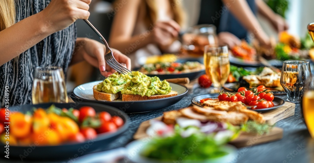 A vibrant dining scene featuring a variety of fresh dishes and drinks shared among friends. A vibrant dining scene featuring a variety of fresh dishes and drinks shared among friends.