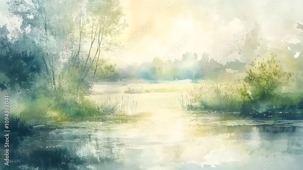 Serene Watercolor Landscape of a Calm River and Trees Serene Watercolor Landscape of a Calm River and Trees