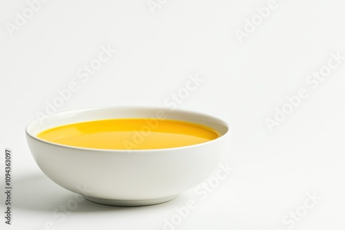 A white bowl filled with bright yellow liquid on a minimalistic background.