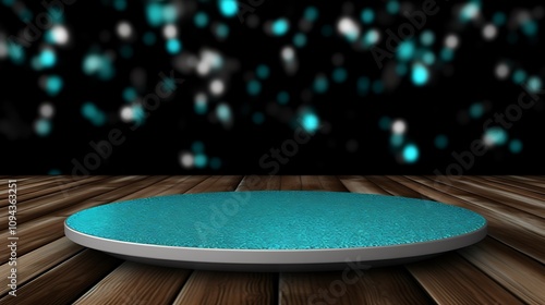 Teal Circular Platform on Wooden Floor with Bokeh Background