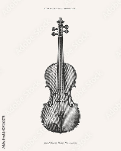 Hand-drawn illustration of a violin in a vintage engraving style. A detailed and artistic representation ideal for music, classical, or artistic themes.