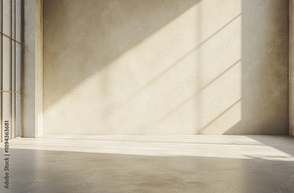 A minimalistic interior space with natural light casting shadows on a textured wall. A minimalistic interior space with natural light casting shadows on a textured wall.