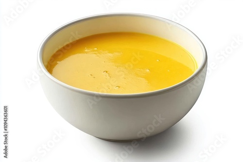 A smooth, creamy yellow soup in a white bowl, likely made from squash or pumpkin.