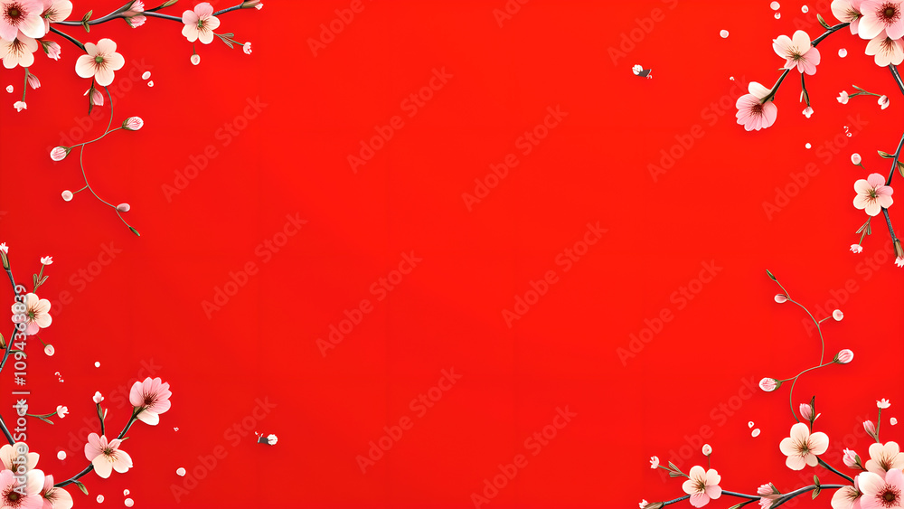 Cherry Blossom Frame on Red Background. Concept of Spring, Celebration, and New Beginnings. Cherry Blossom Frame on Red Background. Concept of Spring, Celebration, and New Beginnings.