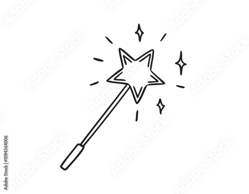 Magic wand hand drawn doodle icon for a fairy. Sketch fabulous and magical Decoration element. Outline drawing. 