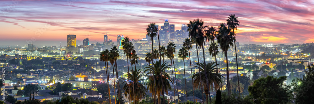 Obraz premium Los Angeles skyline and downtown with palm trees panorama at sunset in California United States