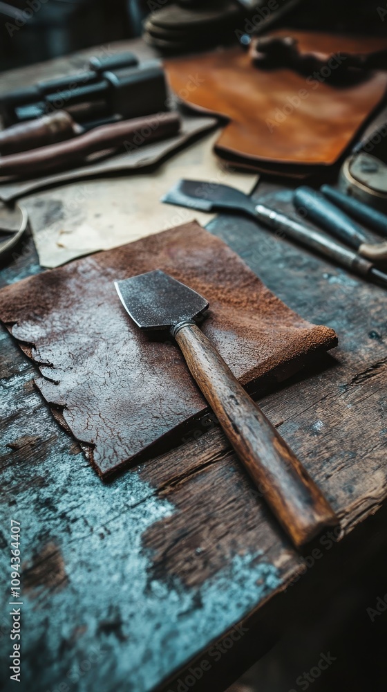 Rustic leather crafting tool on brown leather, blurred tools in the background Rustic leather crafting tool on brown leather, blurred tools in the background