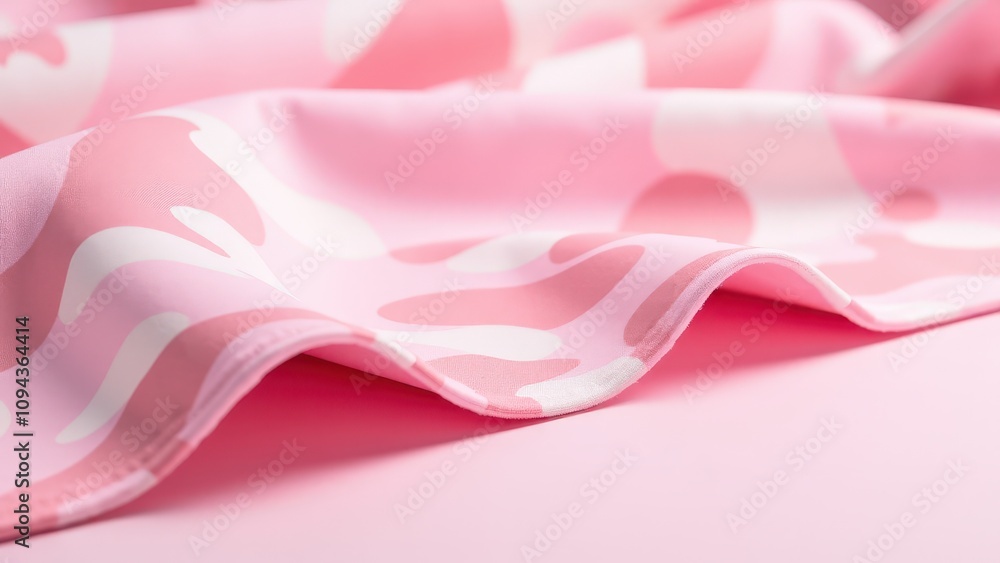 A delicate display of pink camo fabric in soft blush and rose tones, draped on a minimalistic background with gentle lighting highlighting its texture. A delicate display of pink camo fabric in soft blush and rose tones, draped on a minimalistic background with gentle lighting highlighting its texture.