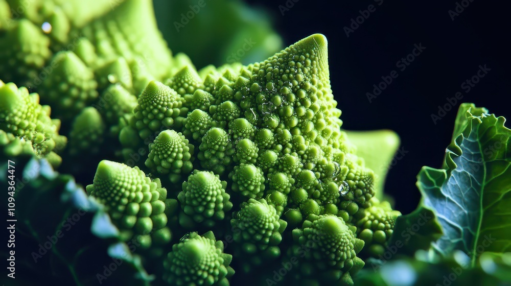 Emerald Green Romanesco Cauliflower: Intricate Fractal Texture, Water Droplets, and Geometric Structure on Black Background. High-Resolution Commercial Food Photography in 8K. Emerald Green Romanesco Cauliflower: Intricate Fractal Texture, Water Droplets, and Geometric Structure on Black Background. High-Resolution Commercial Food Photography in 8K.