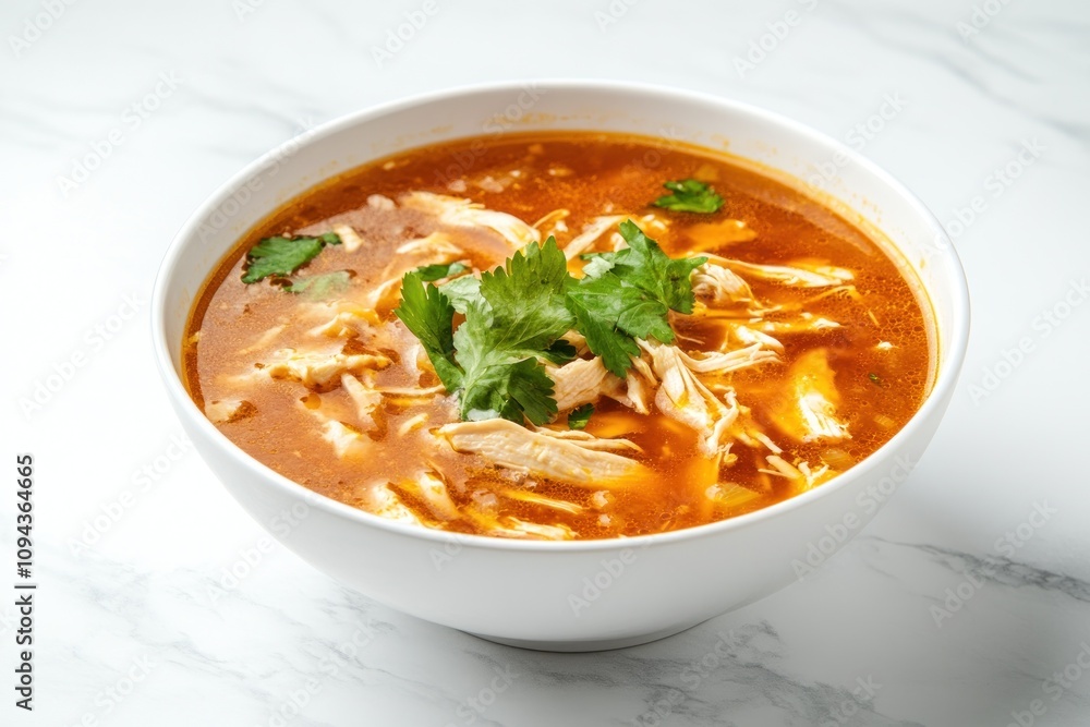 A bowl of spicy chicken soup garnished with cilantro, showcasing a vibrant, appetizing dish. A bowl of spicy chicken soup garnished with cilantro, showcasing a vibrant, appetizing dish.