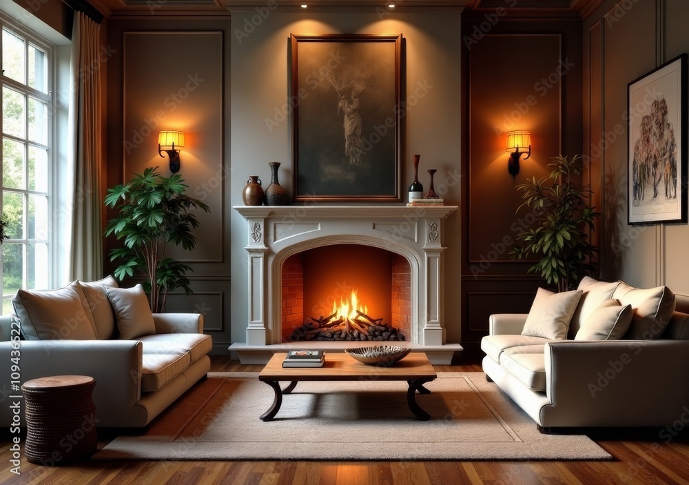 Cozy living room with elegant fireplace, comfortable seating Cozy living room with elegant fireplace, comfortable seating