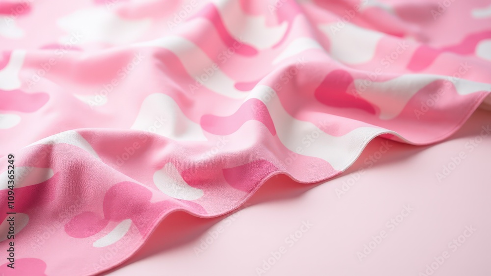 A close-up of pink camo fabric in soft rose tones, beautifully arranged in folds to emphasize its smooth texture on a simple, modern backdrop. A close-up of pink camo fabric in soft rose tones, beautifully arranged in folds to emphasize its smooth texture on a simple, modern backdrop.