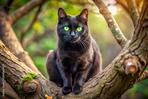 A black cat with glowing green eyes, sitting on a twisted, gnarled tree branch.