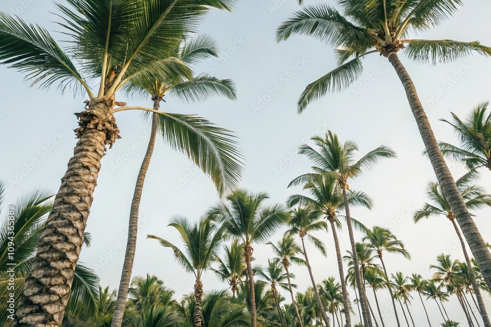 Fototapeta premium Calming Tropical Palm Tree Pattern with Woven Trunks and Leafy Greens, leafy greens, nature-inspired, embroidery pattern, woven trunks, calming