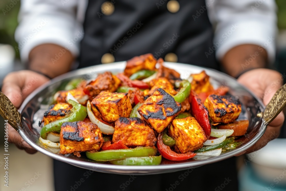 A person holds a platter of grilled paneer with colorful vegetables. A person holds a platter of grilled paneer with colorful vegetables.